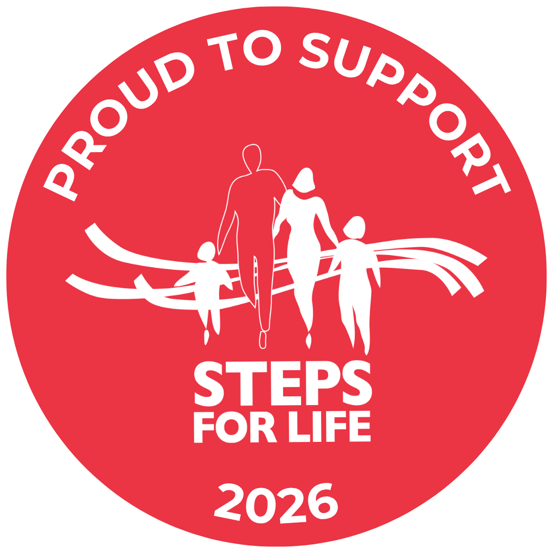 Red & White logo with people walking on it.